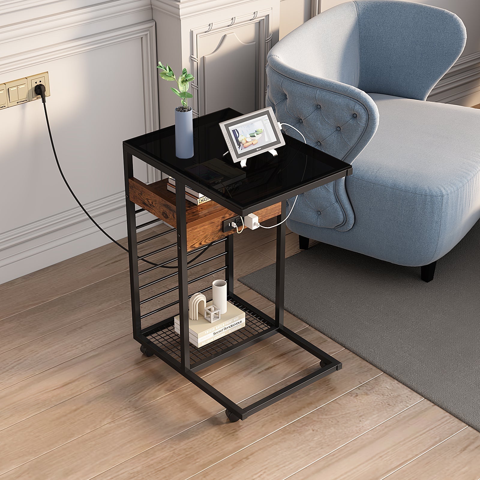 Mobile C-Shaped End Table