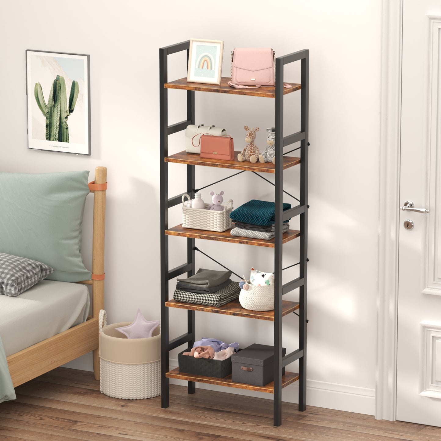 5-Tier Industrial Wooden Bookcase Display Rack with Metal Frame-489