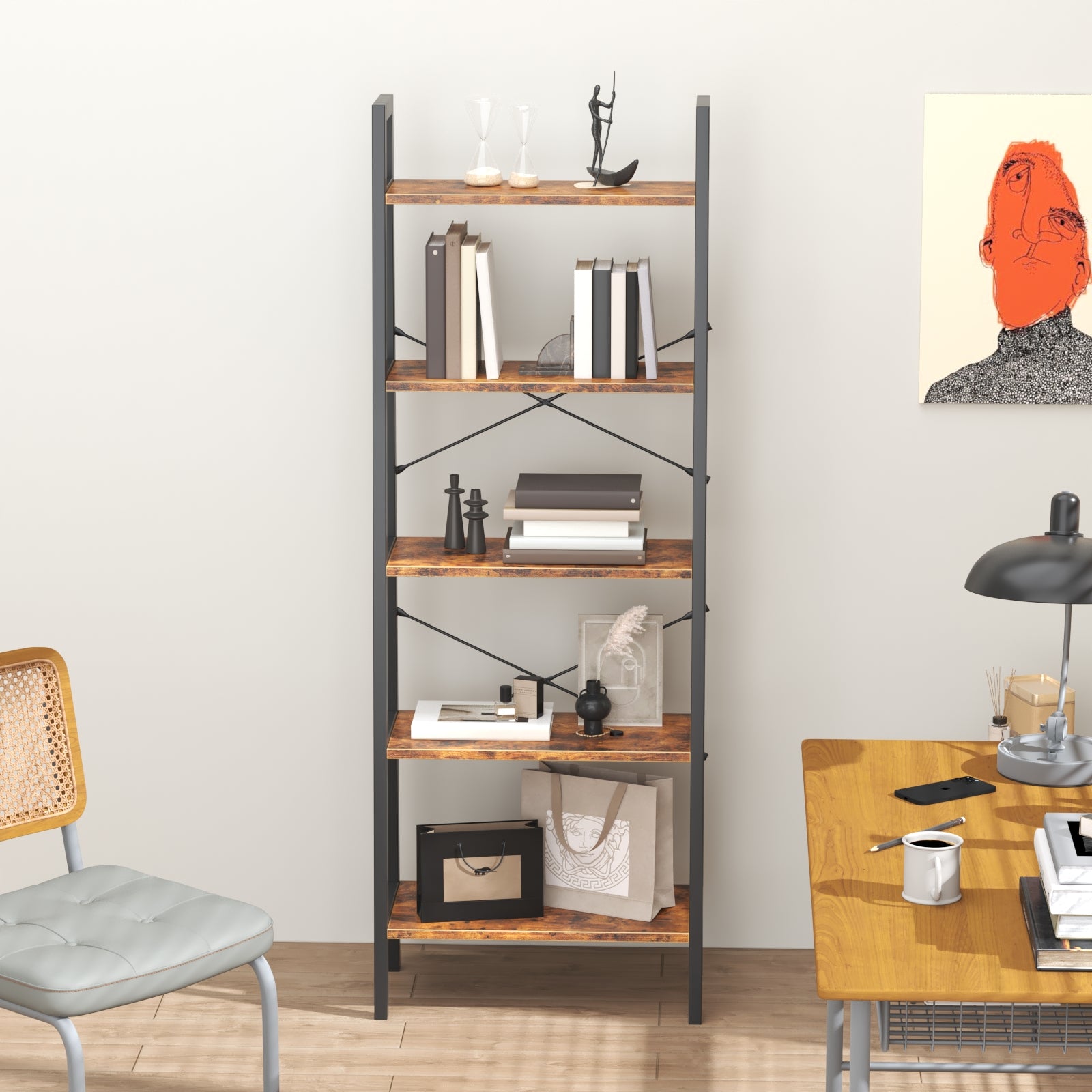 Industrial 5-Tier Bookshelf Wood Look Accent Metal Frame-74