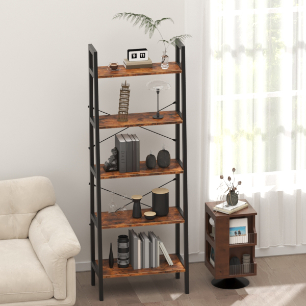 Industrial 5-Tier Bookshelf Wood Look Accent Metal Frame-74