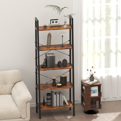 Industrial 5-Tier Bookshelf Wood Look Accent Metal Frame-74