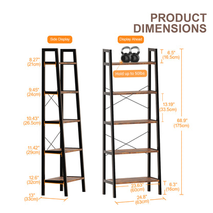 Industrial 5-Tier Bookshelf Wood Look Accent Metal Frame-566