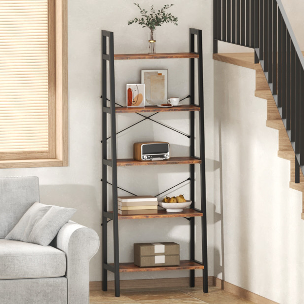 Industrial 5-Tier Bookshelf Wood Look Accent Metal Frame-678