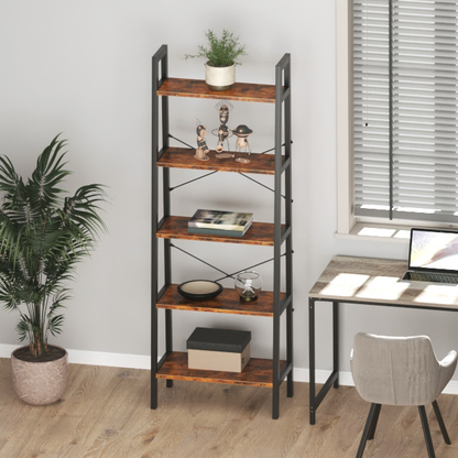 Industrial 5-Tier Bookshelf Wood Look Accent Metal Frame-949