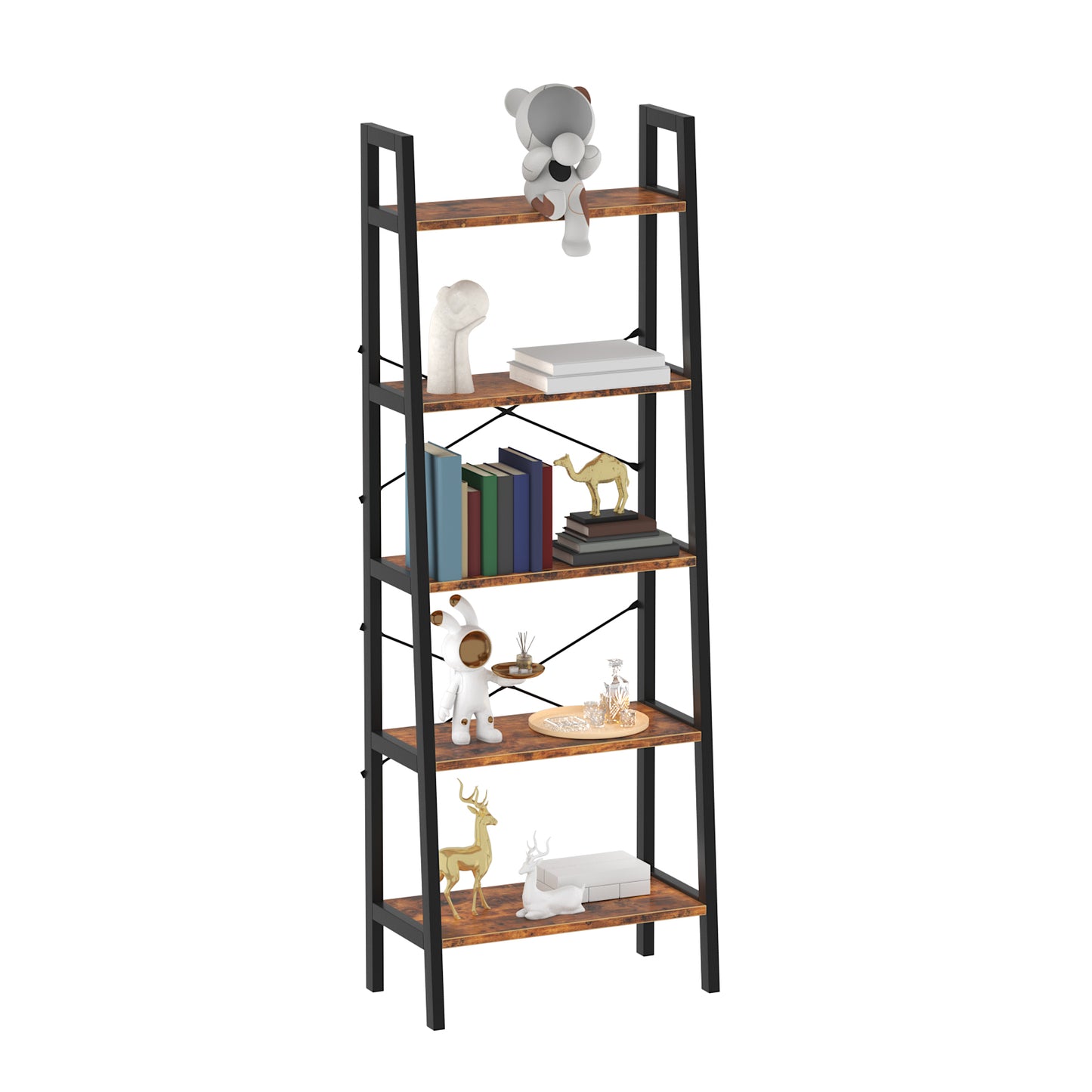 Industrial 5-Tier Bookshelf Wood Look Accent Metal Frame-256